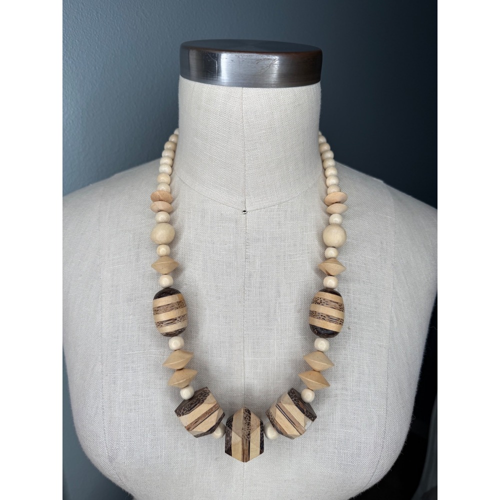 Vintage Robin Jackson Carved Wooden Bead Statement Necklace Brown Boho Womens OS